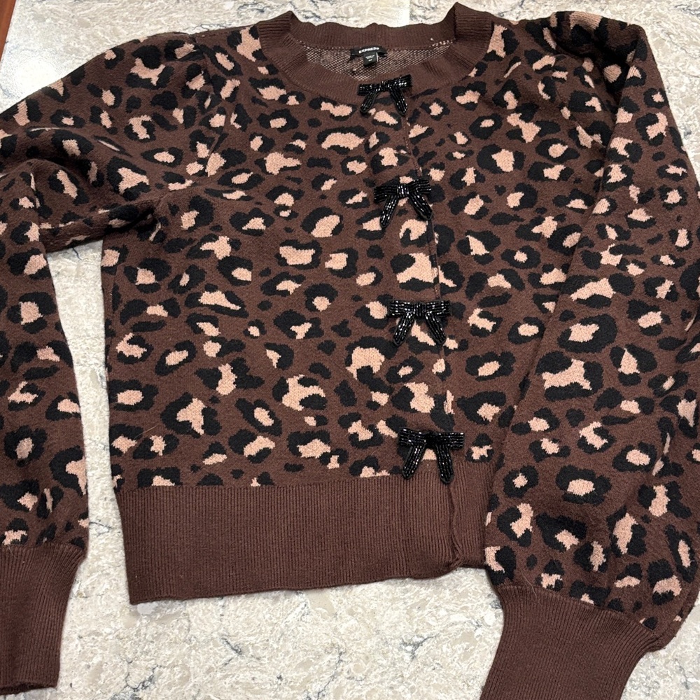 Express Brown Leopard Cardigan with Black Accents